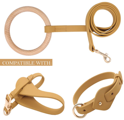 Tan leather dog leash, collar, and ring on a white background