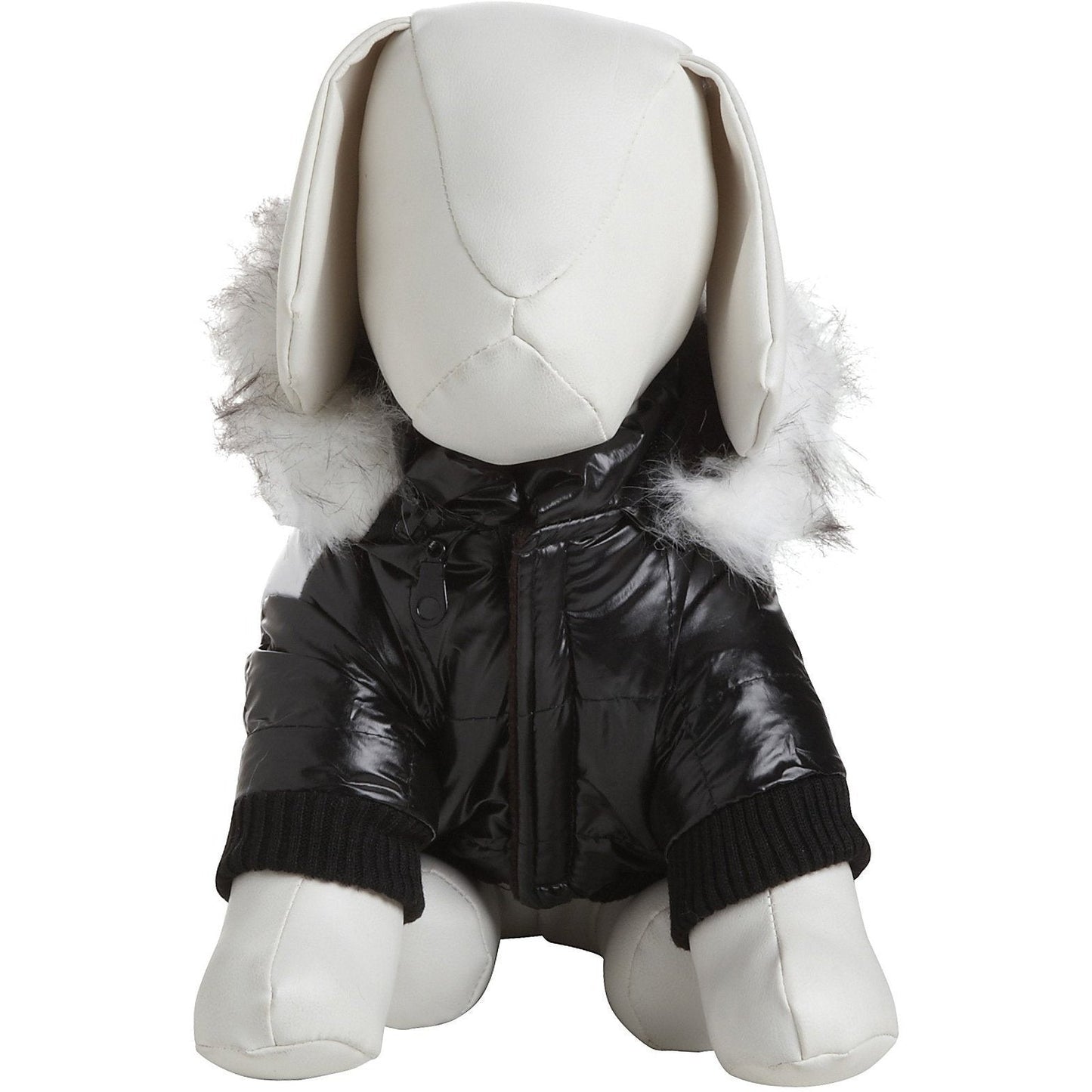White plush toy with bunny ears wearing a black puffer jacket on a white background