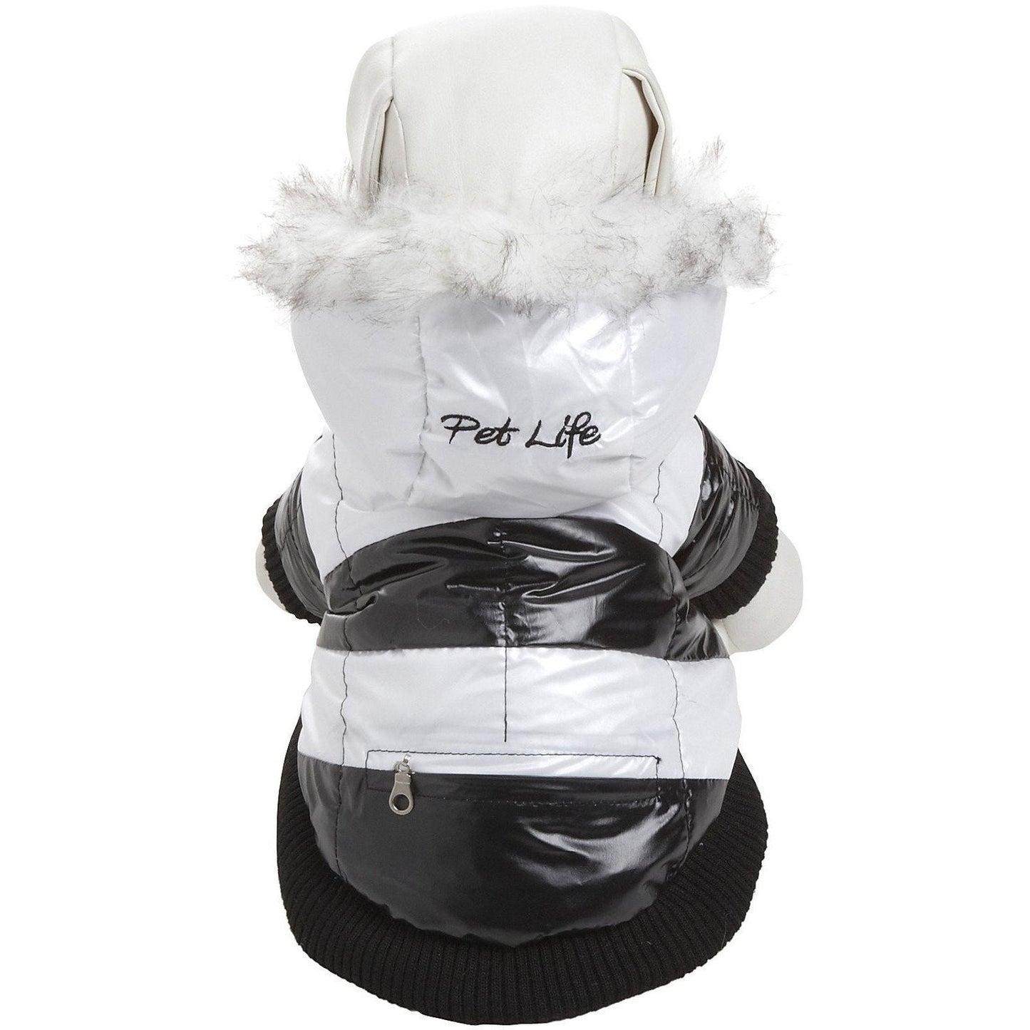 White and black dog coat with fur hood on a white background, featuring 'Pet Life' branding.
