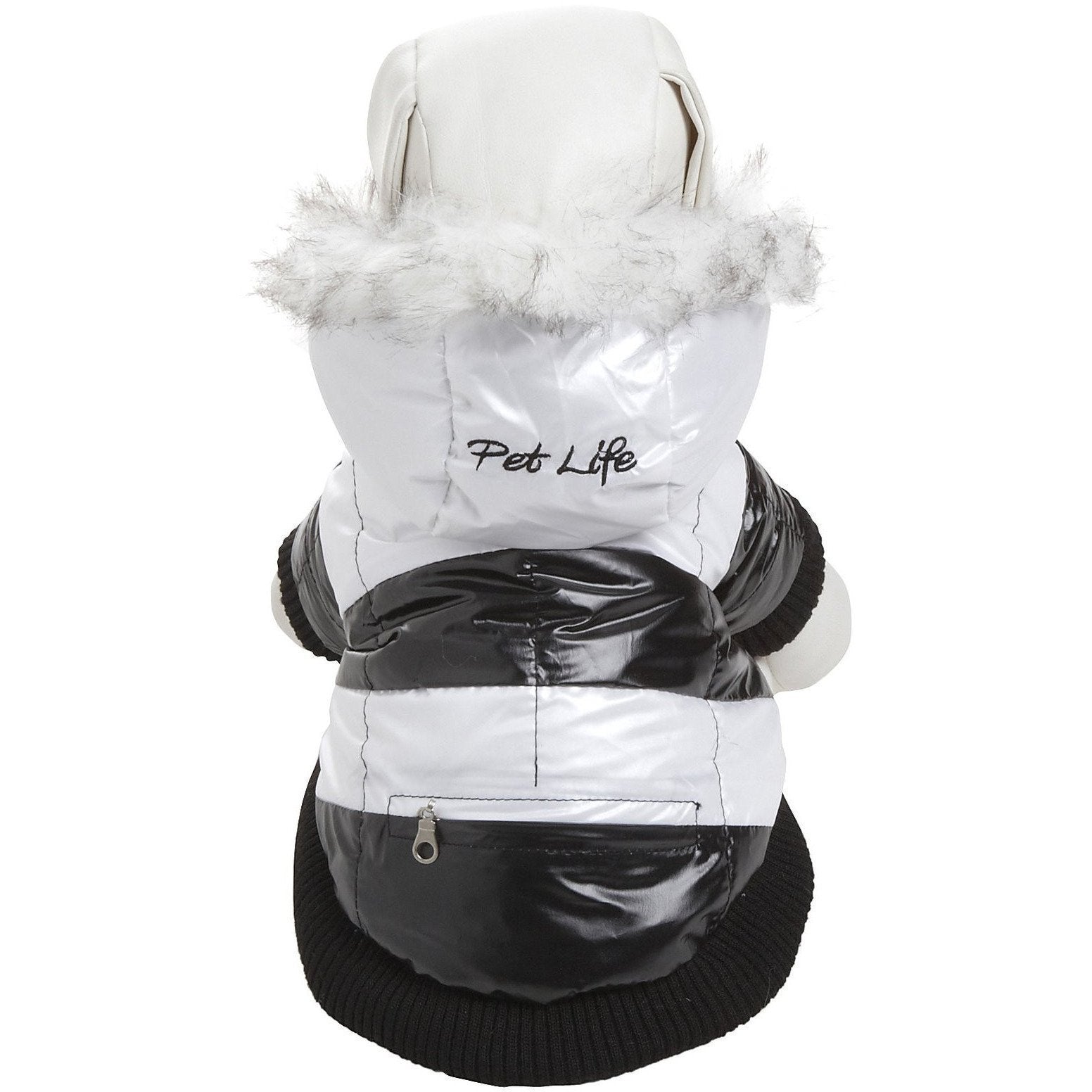 White and black dog coat with fur hood on a white background, featuring 'Pet Life' branding.