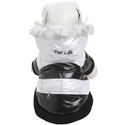 White and black dog coat with fur hood on a white background, featuring 'Pet Life' branding.