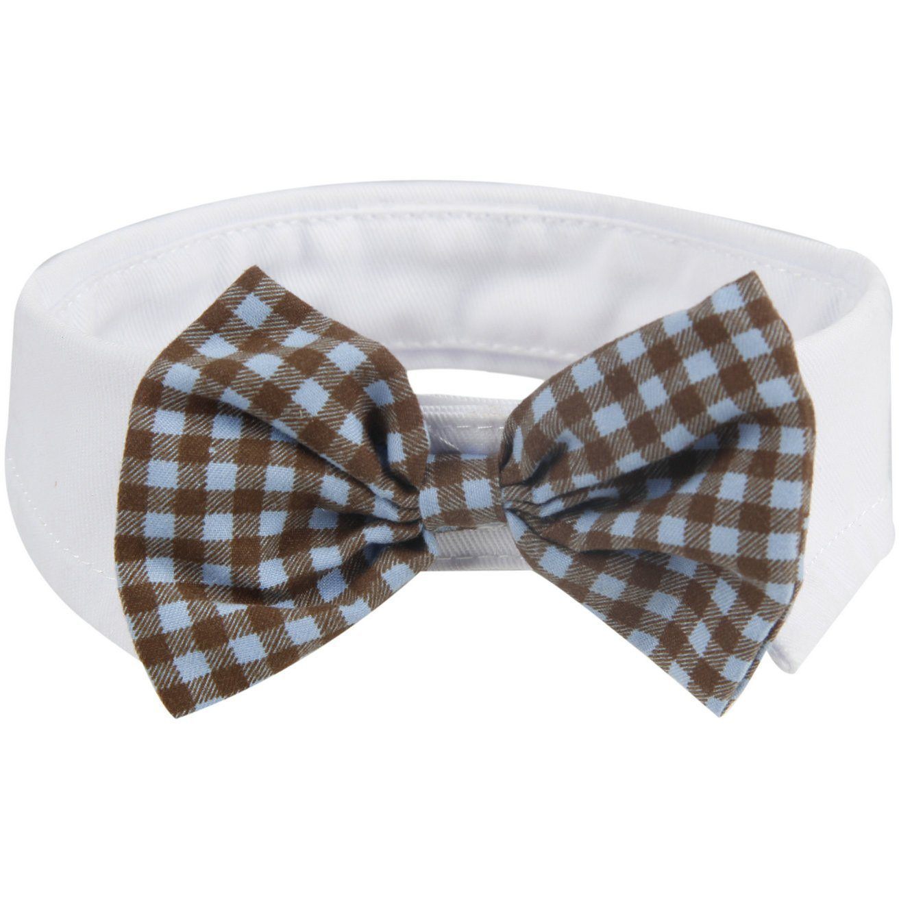 White headband with a brown and blue checkered bow on a white background