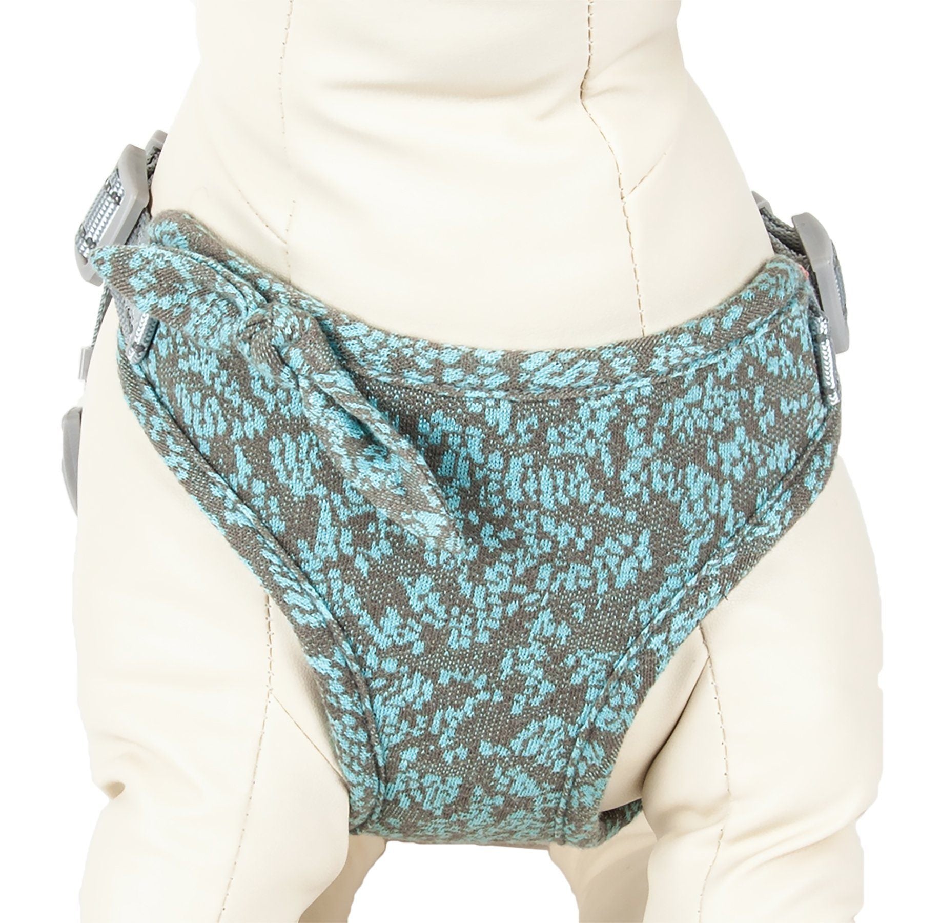 Gray and blue patterned baby carrier on a mannequin with a white background