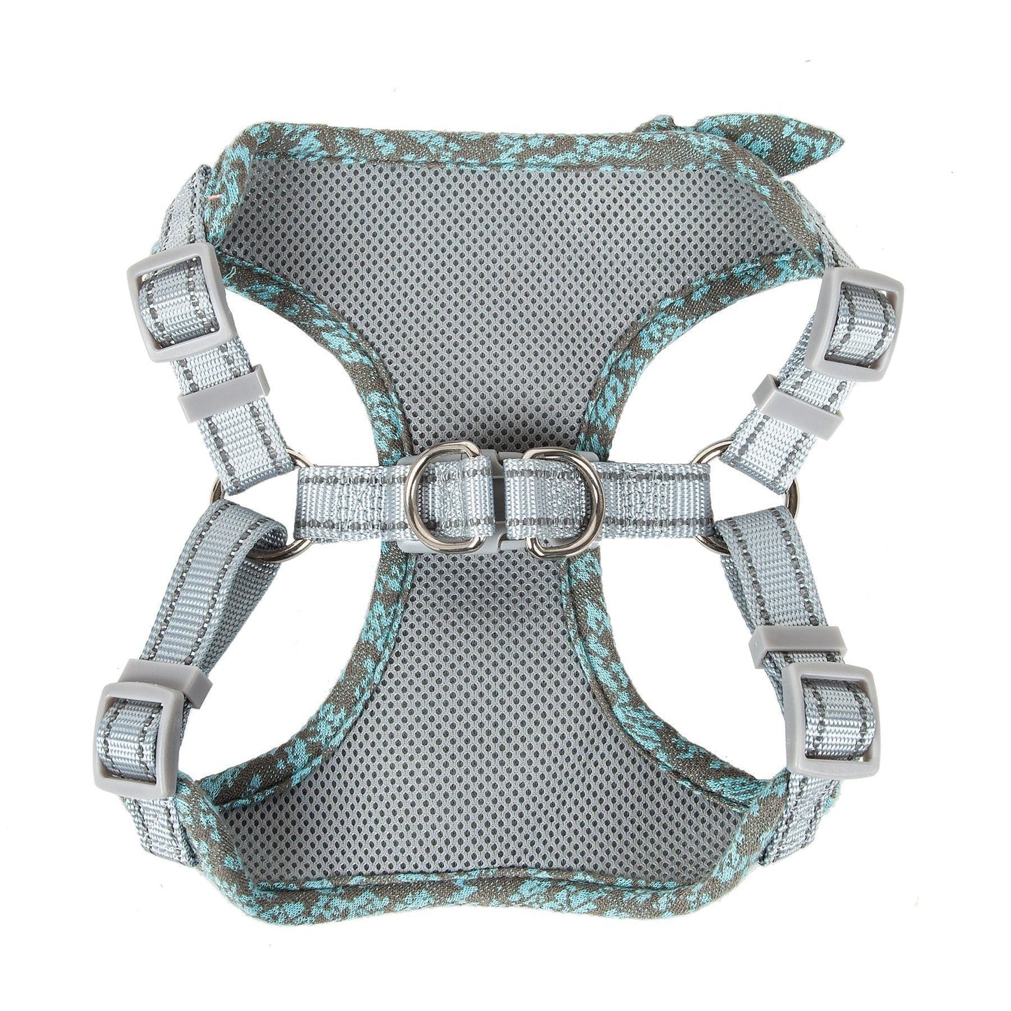 Gray dog harness with floral pattern on a white background