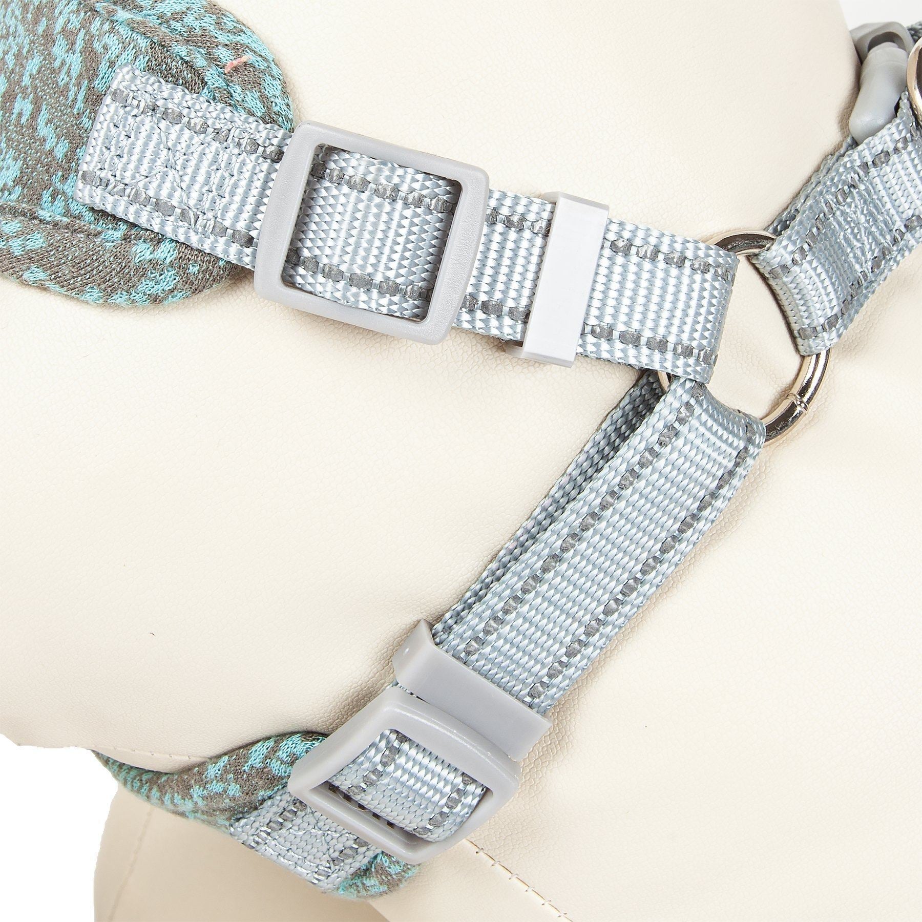 Silver dog collar with patterned strap on a beige background