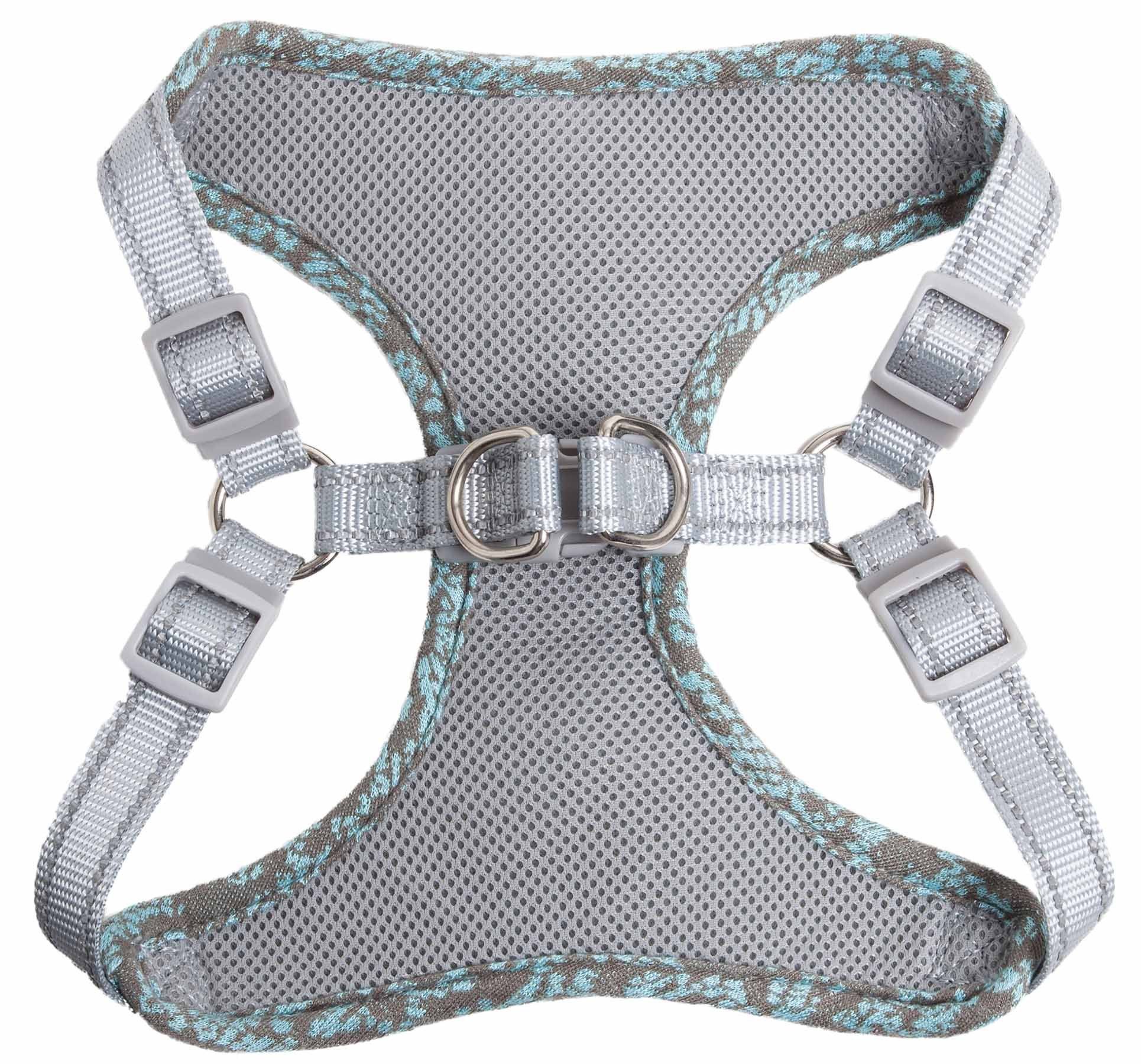 Gray dog harness with floral pattern on a white background