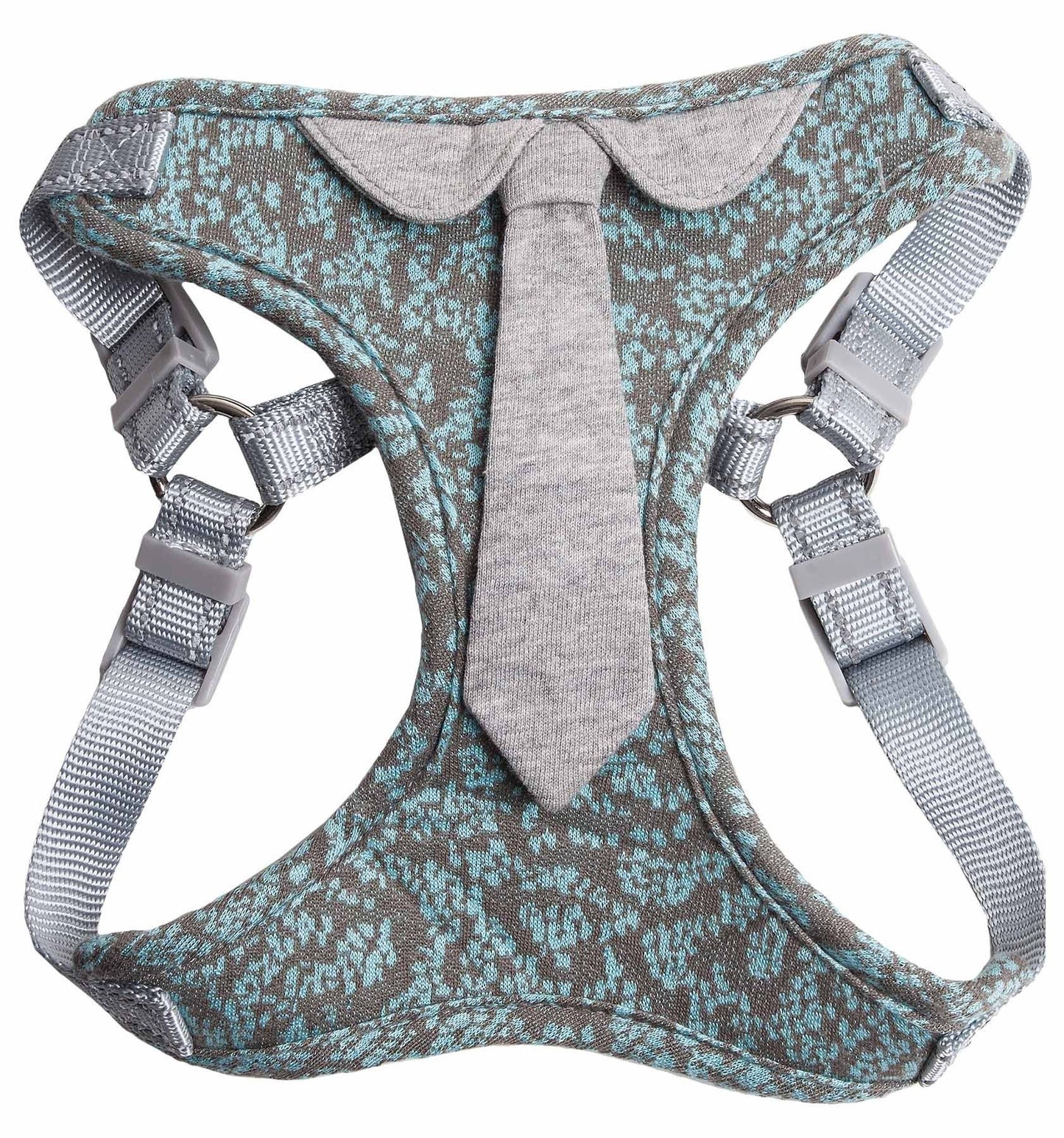 Dog harness with blue and gray pattern on a white background