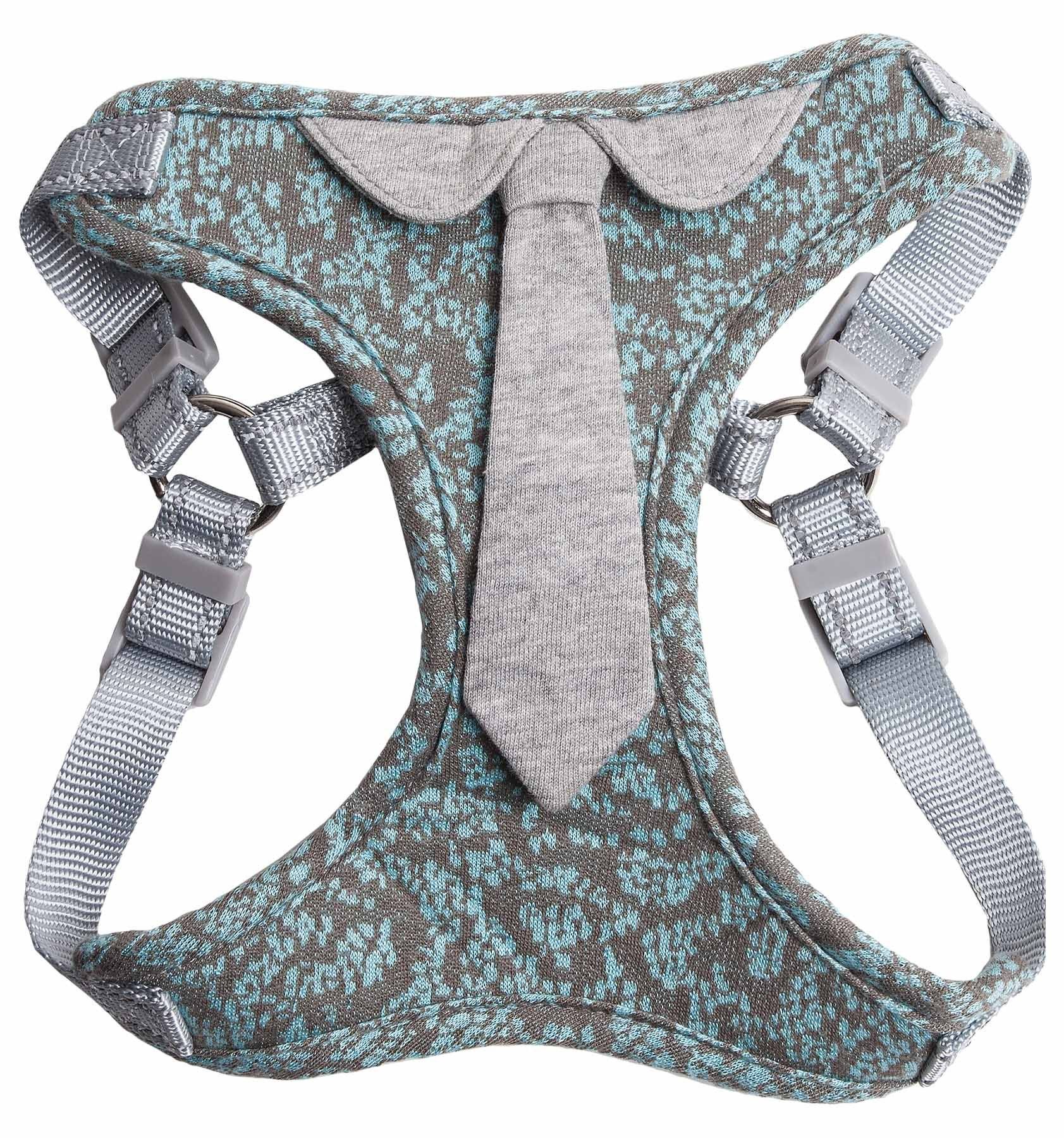 Dog harness with blue and gray pattern on a white background