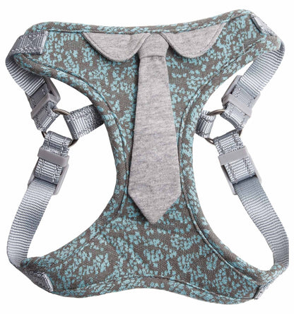 Dog harness with blue and gray pattern on a white background