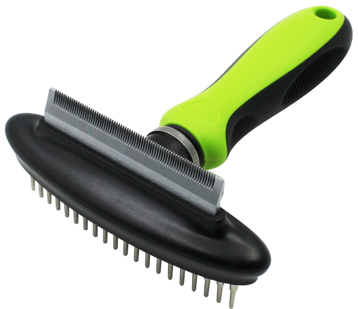 Pet grooming brush with green handle on a white background
