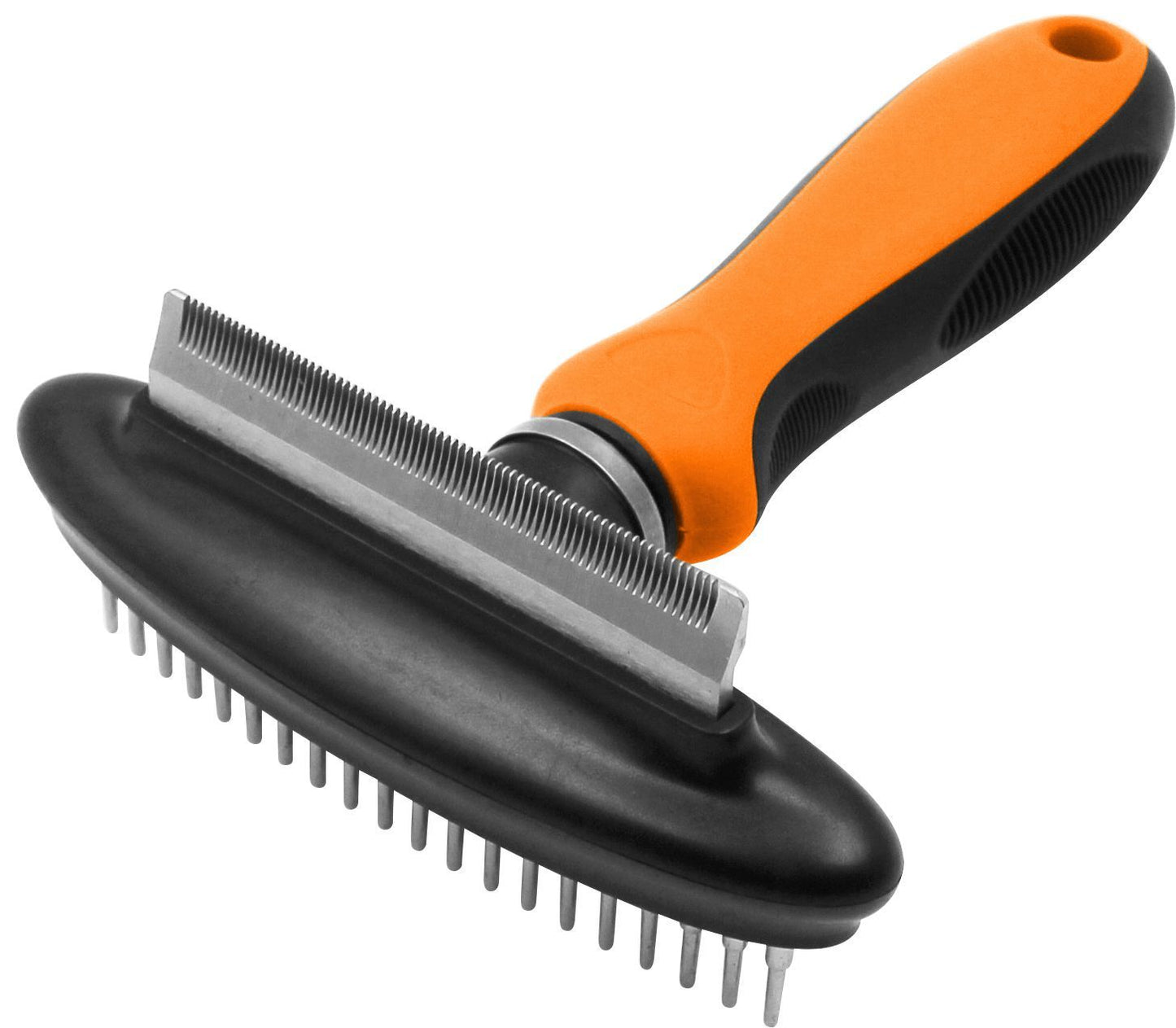 Pet grooming brush with orange and black handle on a white background