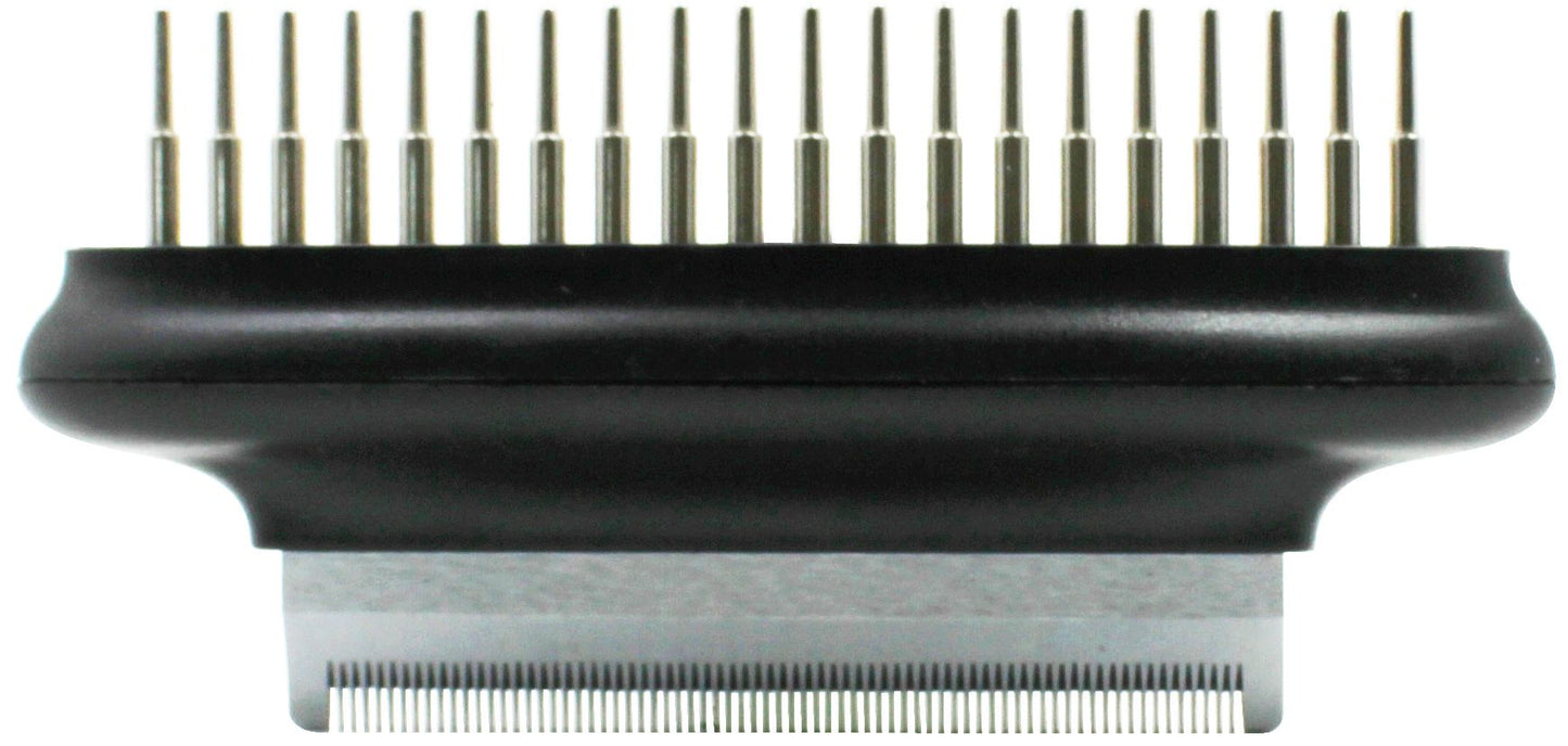 Black hair clipper comb with metal pins on a white background
