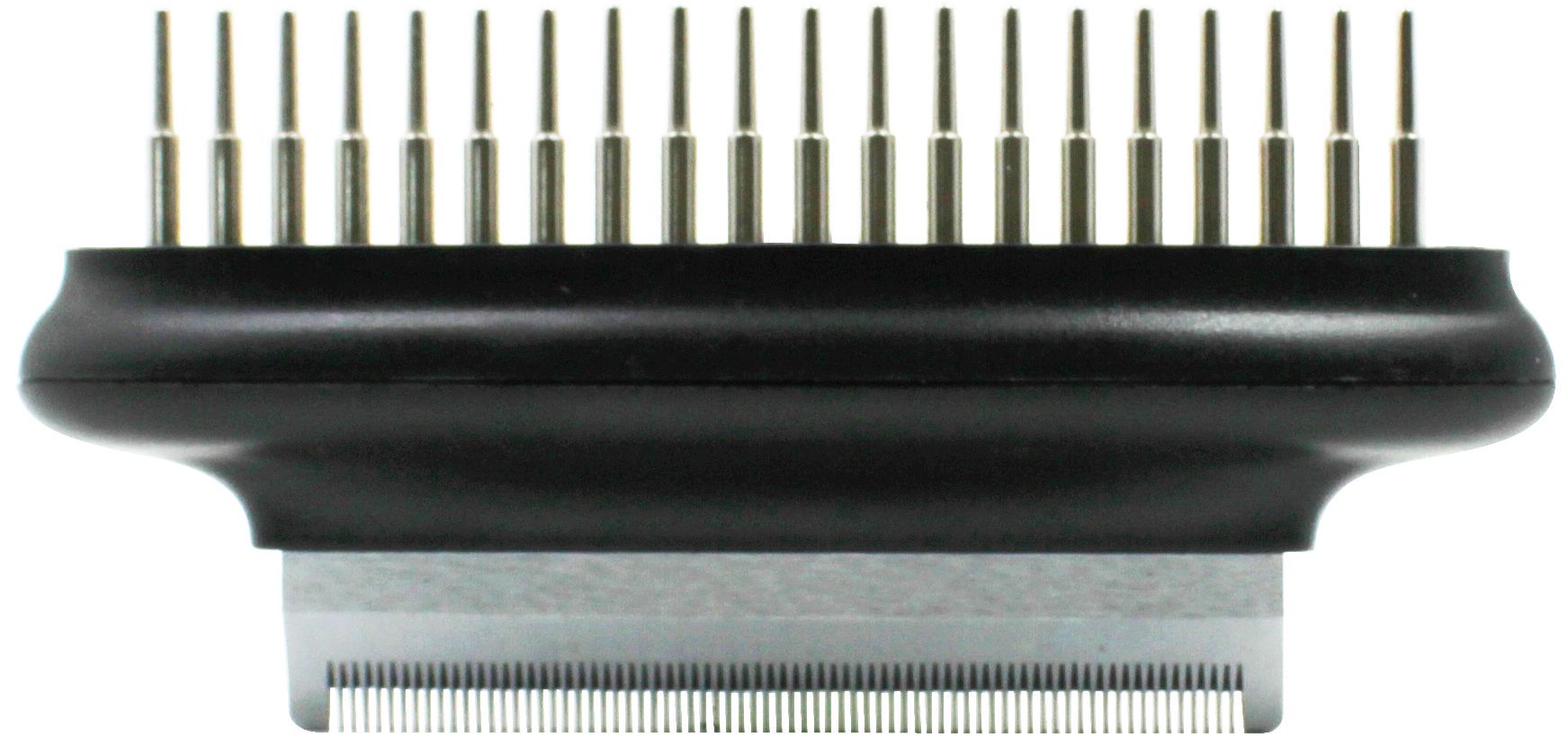 Black hair clipper comb with metal pins on a white background