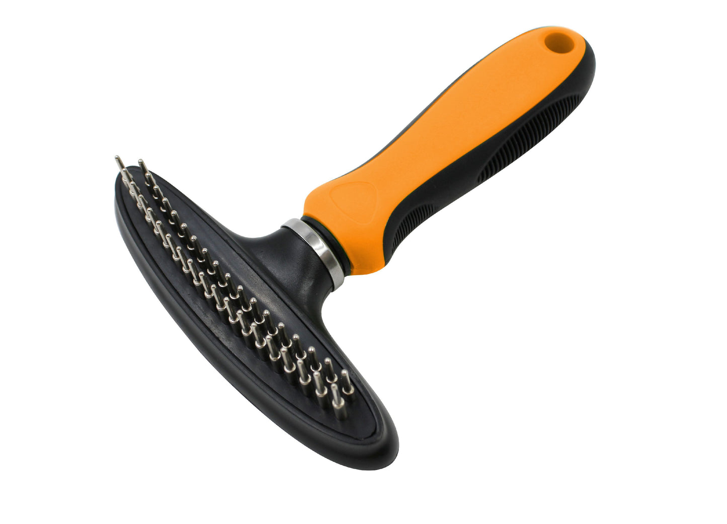Grooming brush with orange handle and black bristle head on a white background