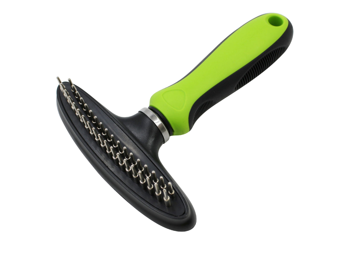 Pet grooming brush with green handle on a white background