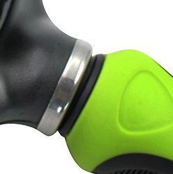 Close-up of a green and black tool handle with a metallic band.