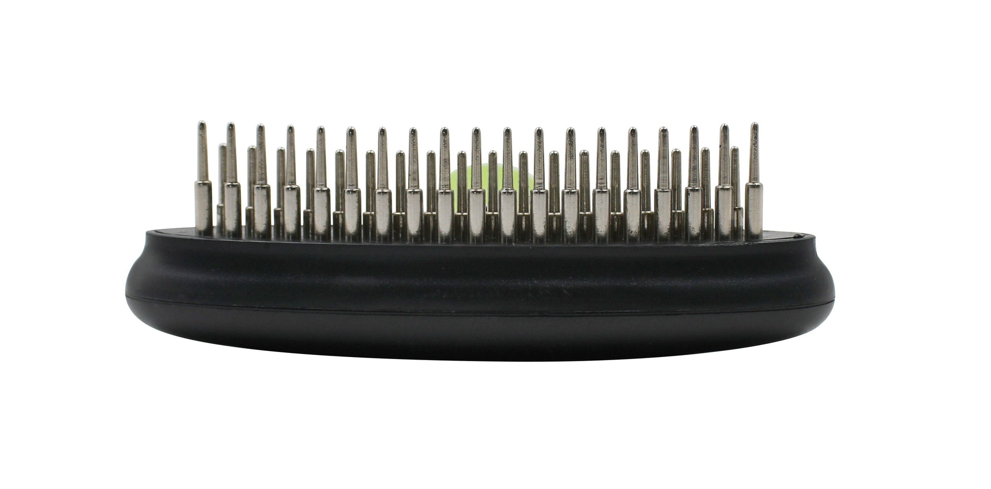 Black pet grooming brush with metal pins on a white background