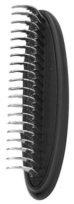 Black grooming comb with metal teeth on a white background
