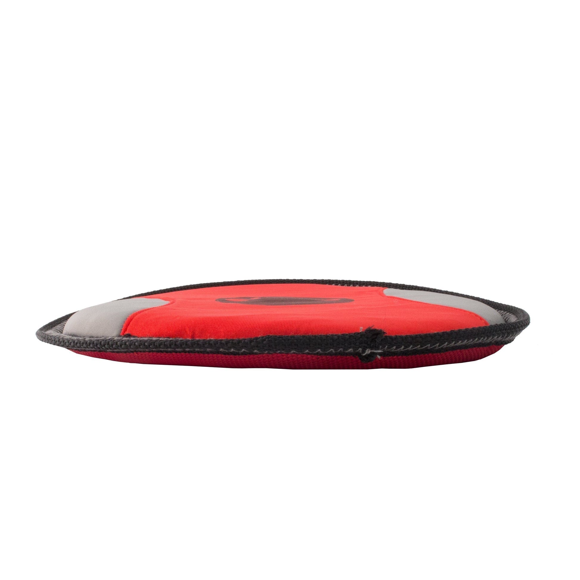 Red and gray round pouch with a black zipper on a white background