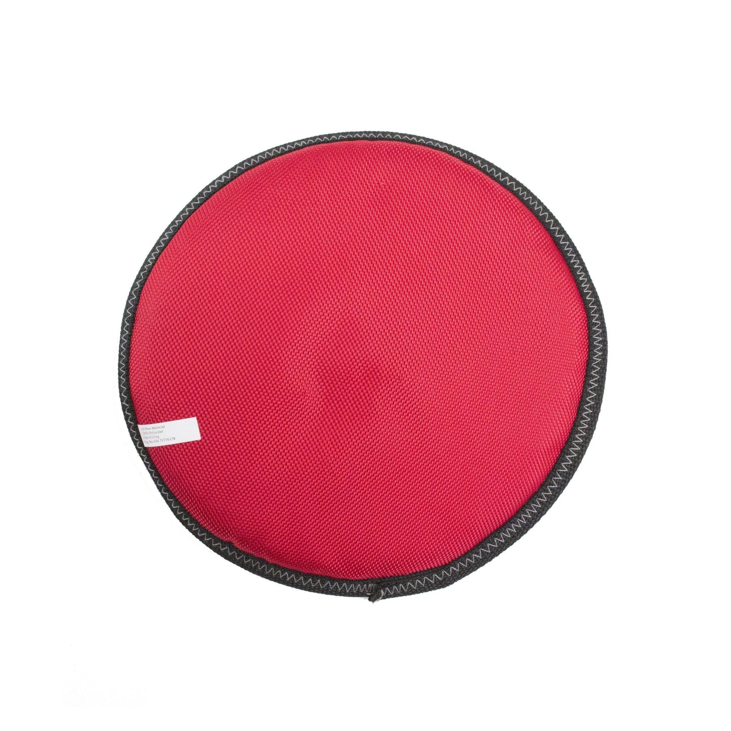 Red round object with black border on a white background