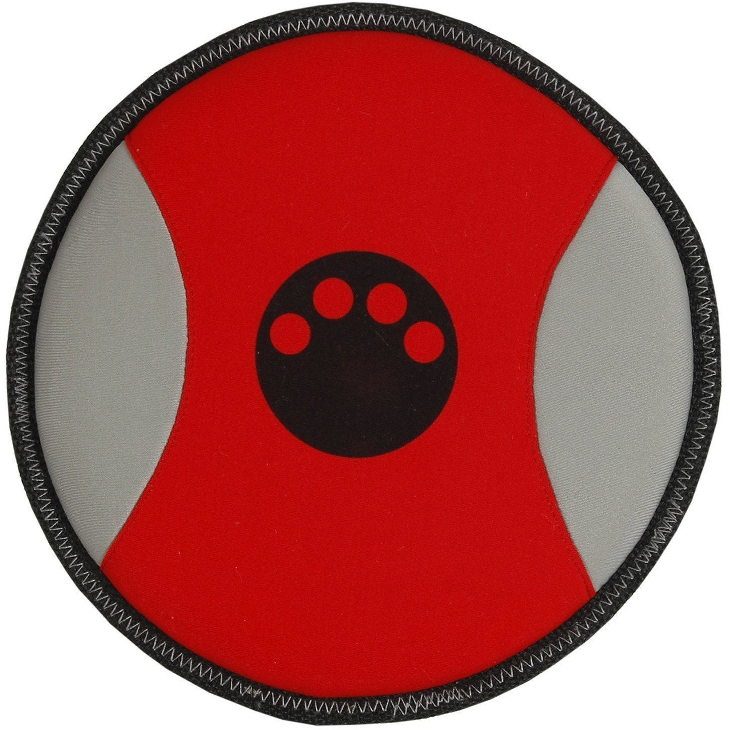 Round red and gray object with a black paw print design on a white background