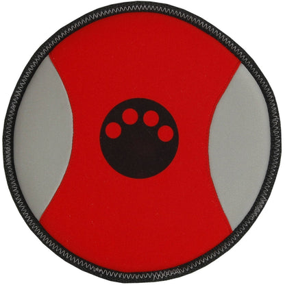 Round red and gray object with a black paw print design on a white background