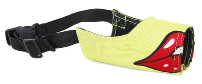 Yellow dog muzzle with red and black design on a white background
