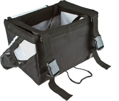 Black pet carrier with straps on a white background