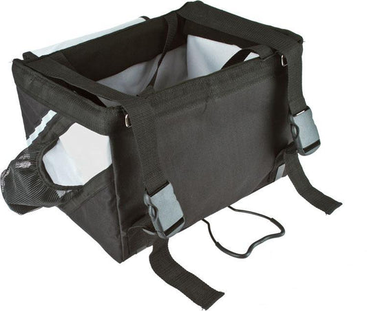 Black pet carrier with straps on a white background