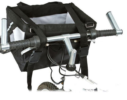 Black and silver mechanical device with straps on a white background