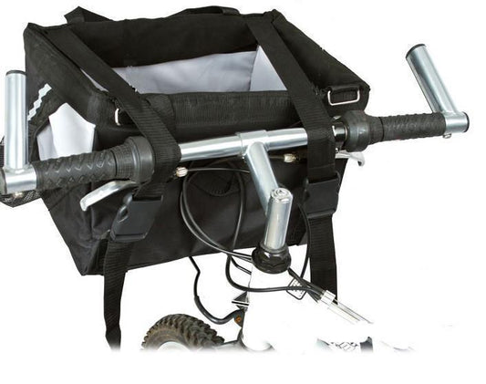 Black and silver mechanical device with straps on a white background