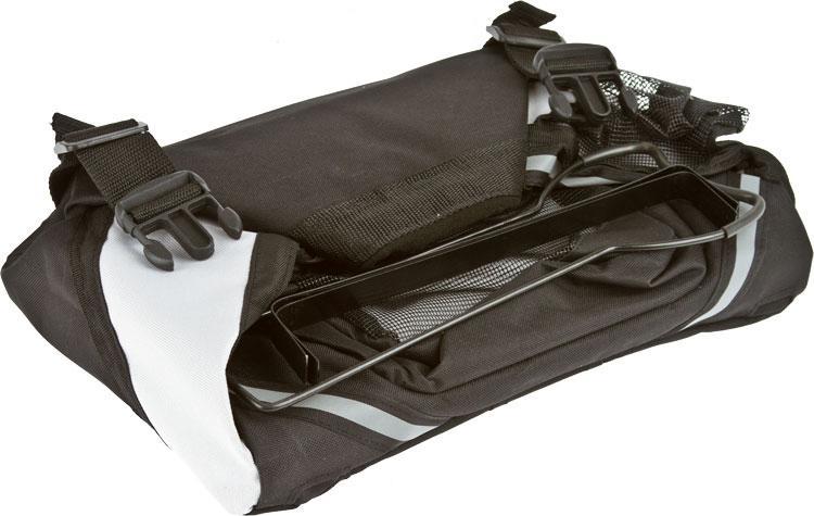 Black and white bike saddle bag with reflective strip on a white background