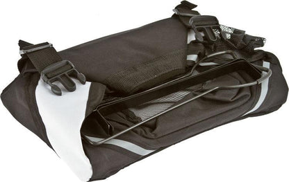 Black and white bike saddle bag with reflective strip on a white background