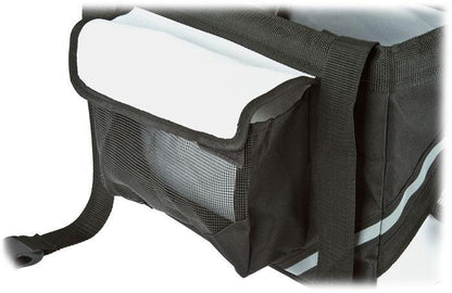 Black bicycle saddle bag with white interior on a white background