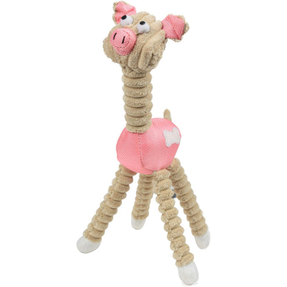 Dog toy shaped like a giraffe with pink ball on a white background