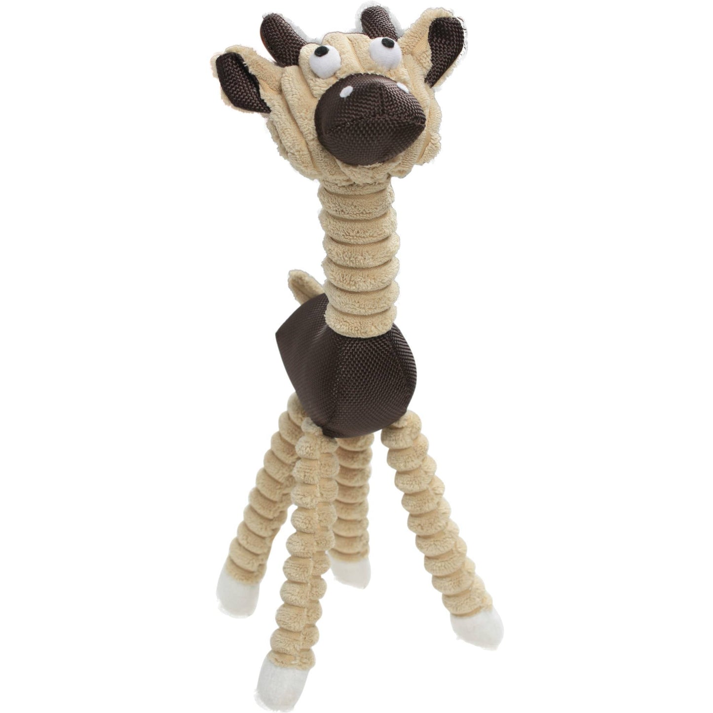 Dog toy shaped like a giraffe with a brown and beige color scheme on a white background