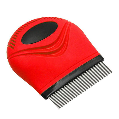 Red and black pet grooming brush on a white background