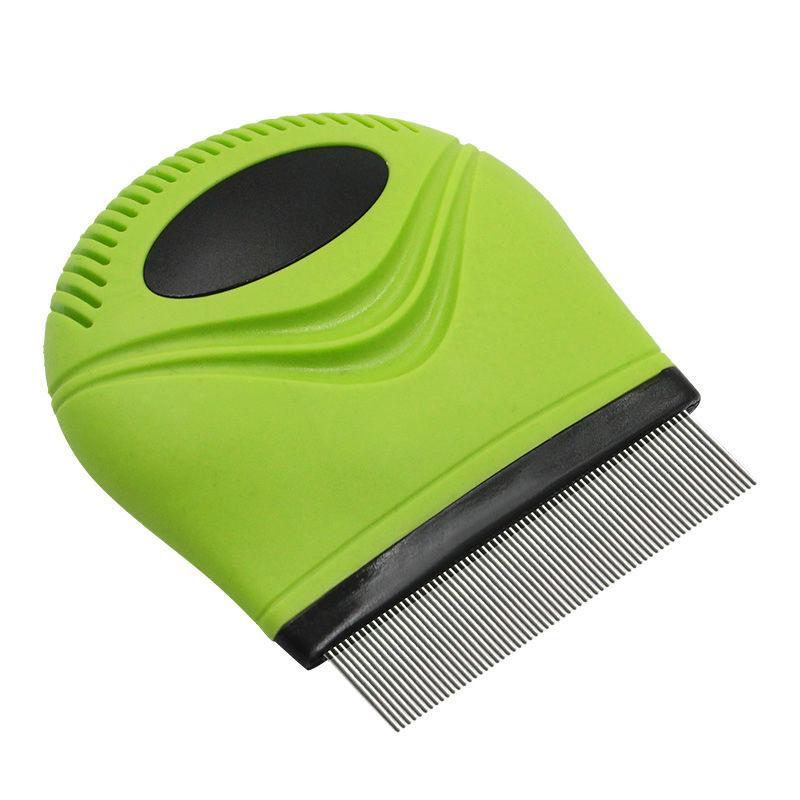 Green pet grooming brush with black comb on a white background
