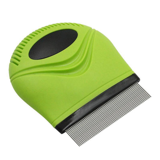 Green pet grooming brush with black comb on a white background