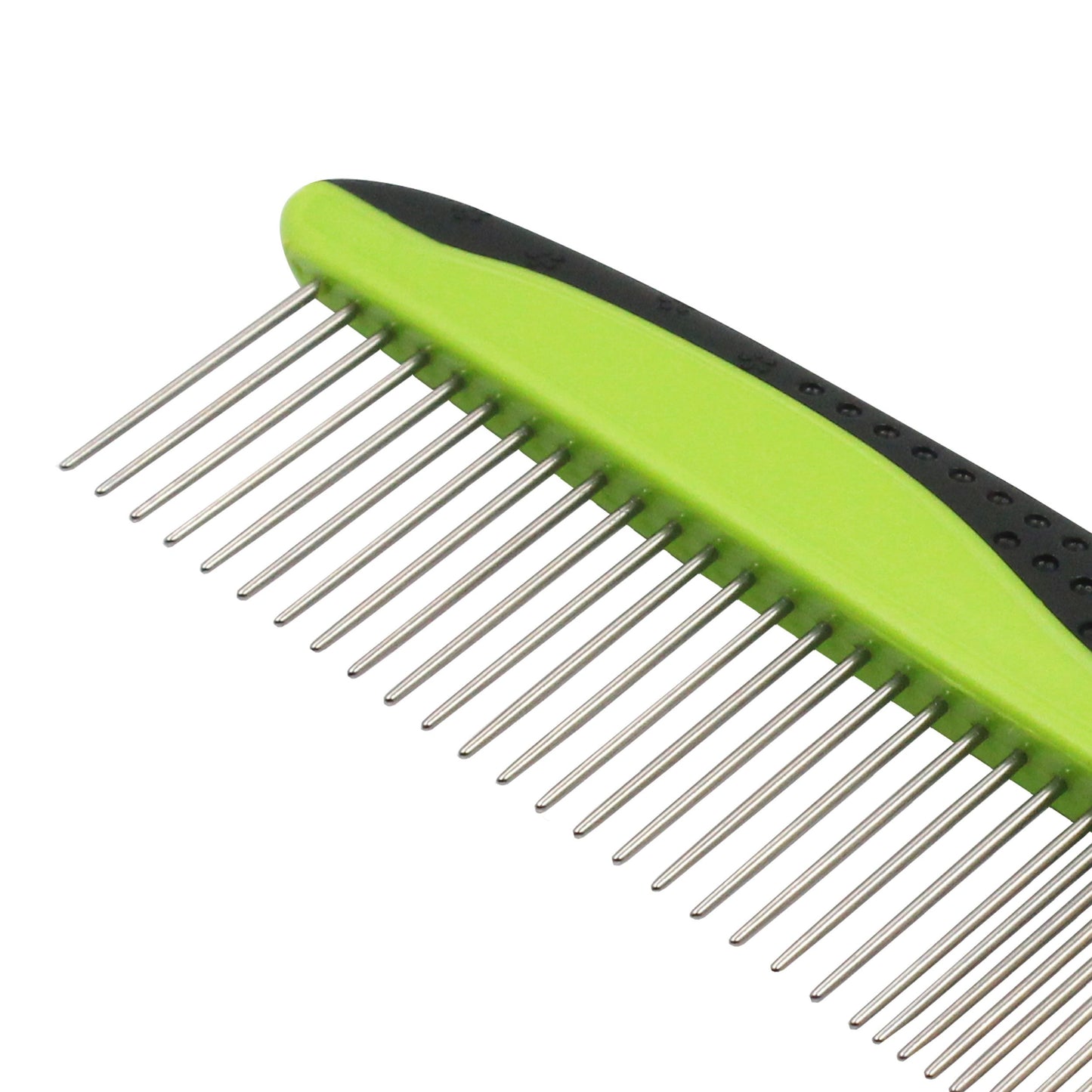 Green and black comb with metal teeth on a white background