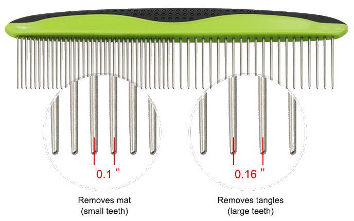 Pet grooming comb with different tooth sizes for removing mats and tangles.