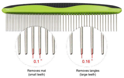 Pet grooming comb with different tooth sizes for removing mats and tangles.