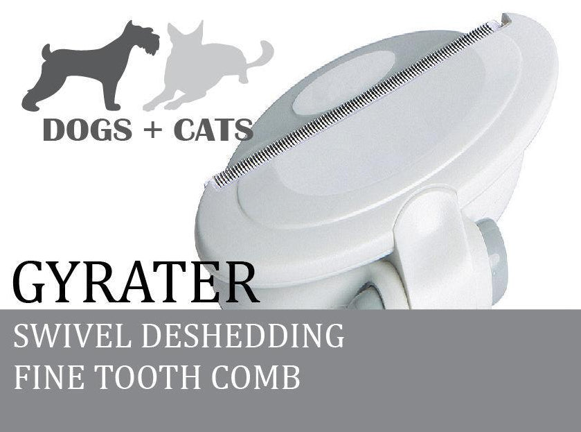White grooming tool with text indicating it's for dogs and cats, featuring the brand 'Gyrater'.