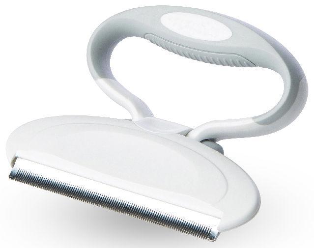 White pet grooming brush with a handle on a white background