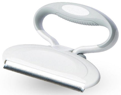 White pet grooming brush with a handle on a white background
