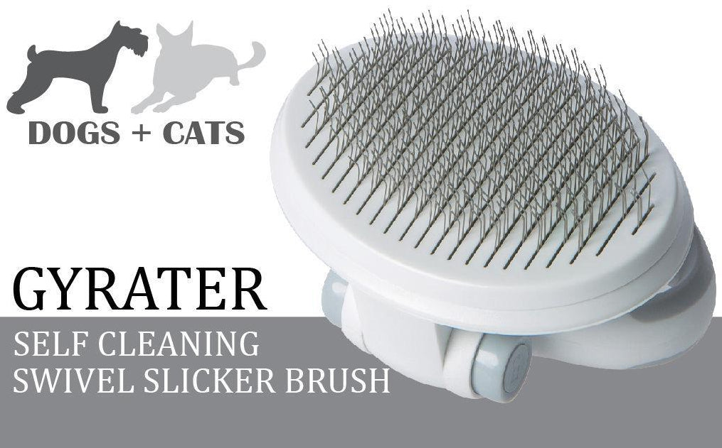 Gyratear self-cleaning slicker brush for dogs and cats on a white background