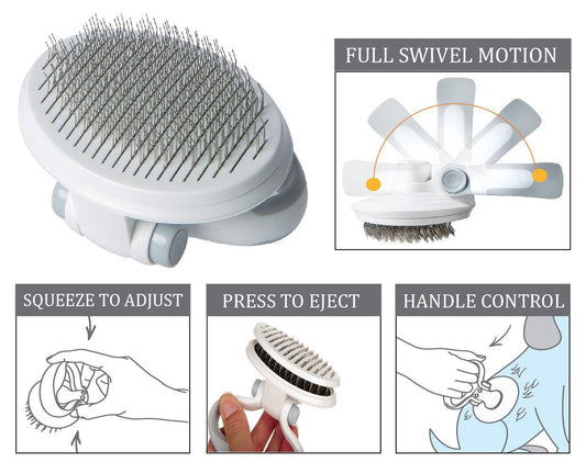 Pet grooming brush with instructions on how to use it