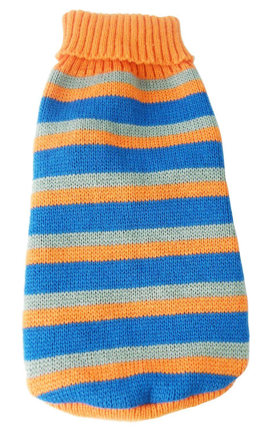 Striped knitted pet sweater with orange, blue, and gray colors on a white background
