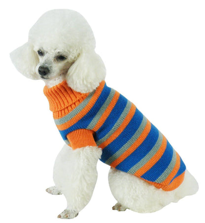 White dog wearing an orange, blue, and gray striped sweater on a white background