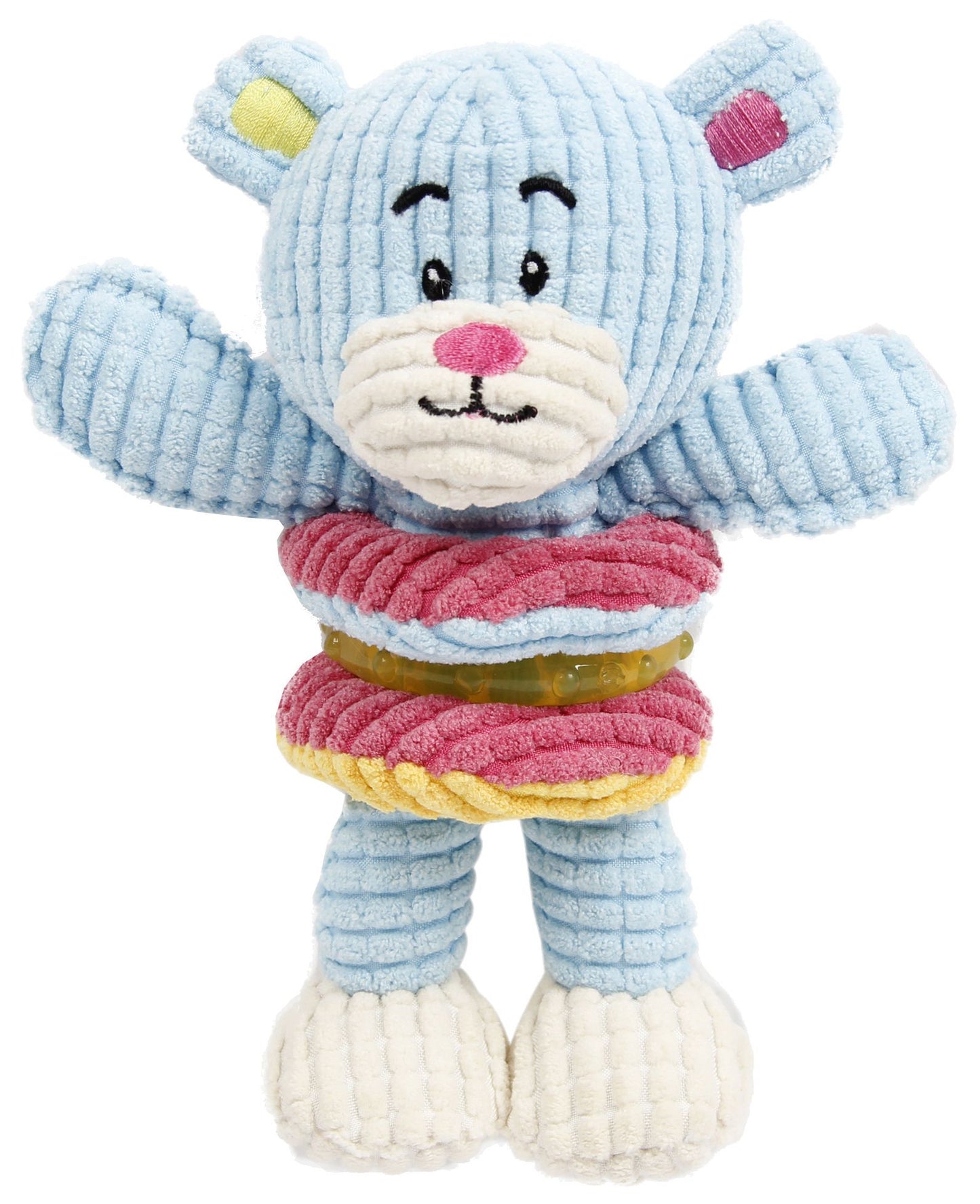 Plush toy with a blue body, pink scarf, and white paws on a white background